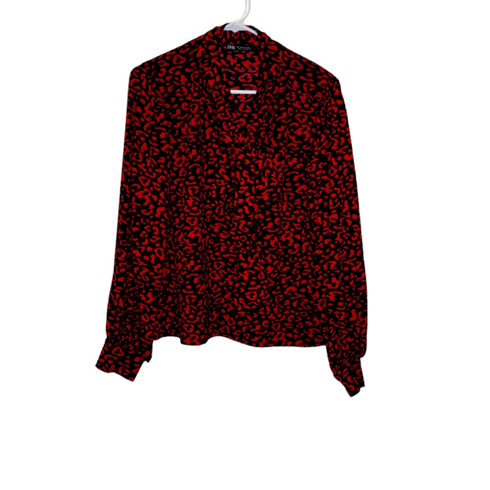 ZARA Black and Red Tie Neck Ballon Sleeve Leopard Print Shirt Sz CL